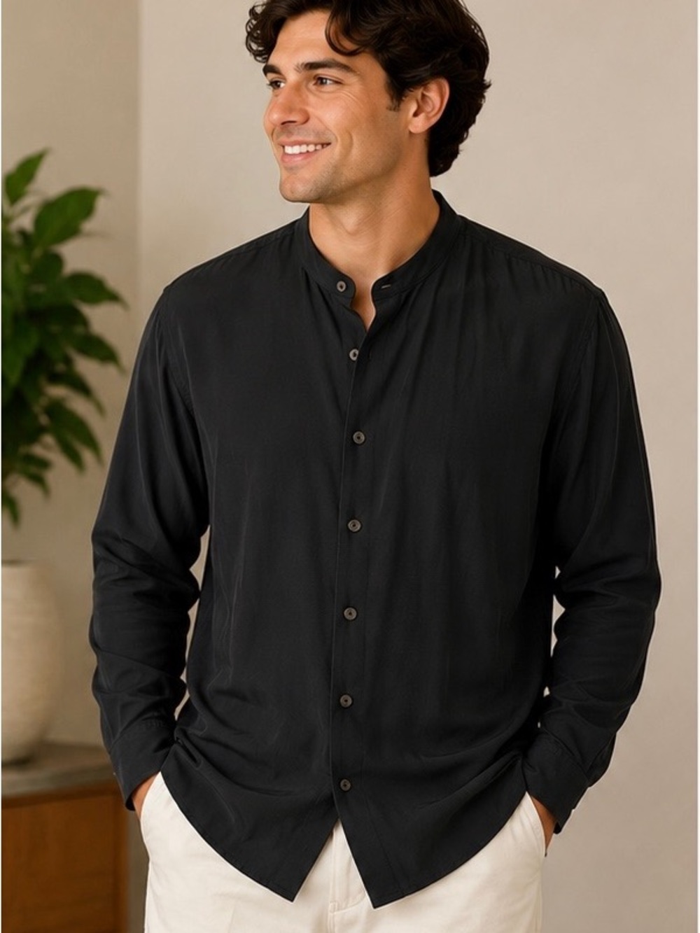 Armani Collezioni Black Men's Shirt with Band Collar